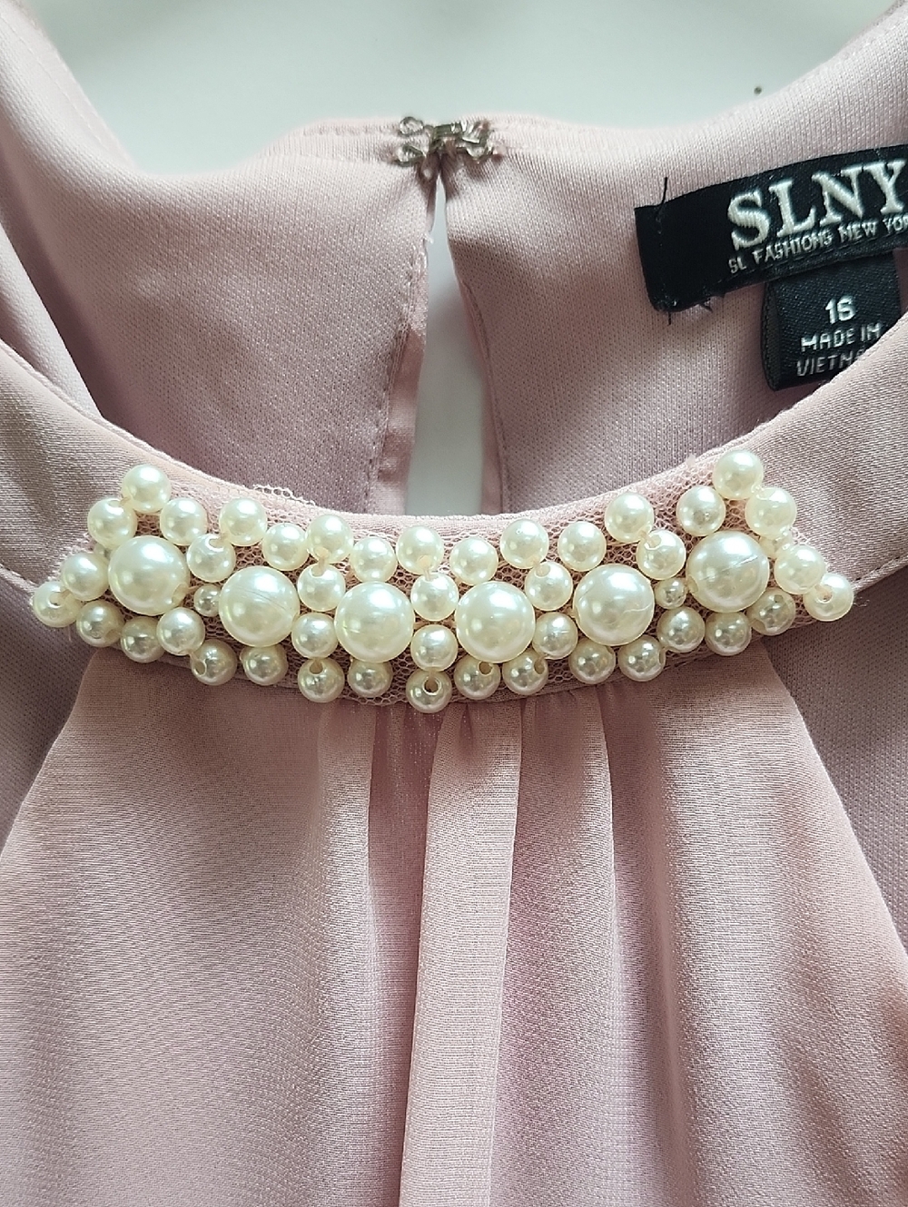 SLNY Blush Pink Layered Chiffon Dress with Beaded Collar - Picture 4 of 7